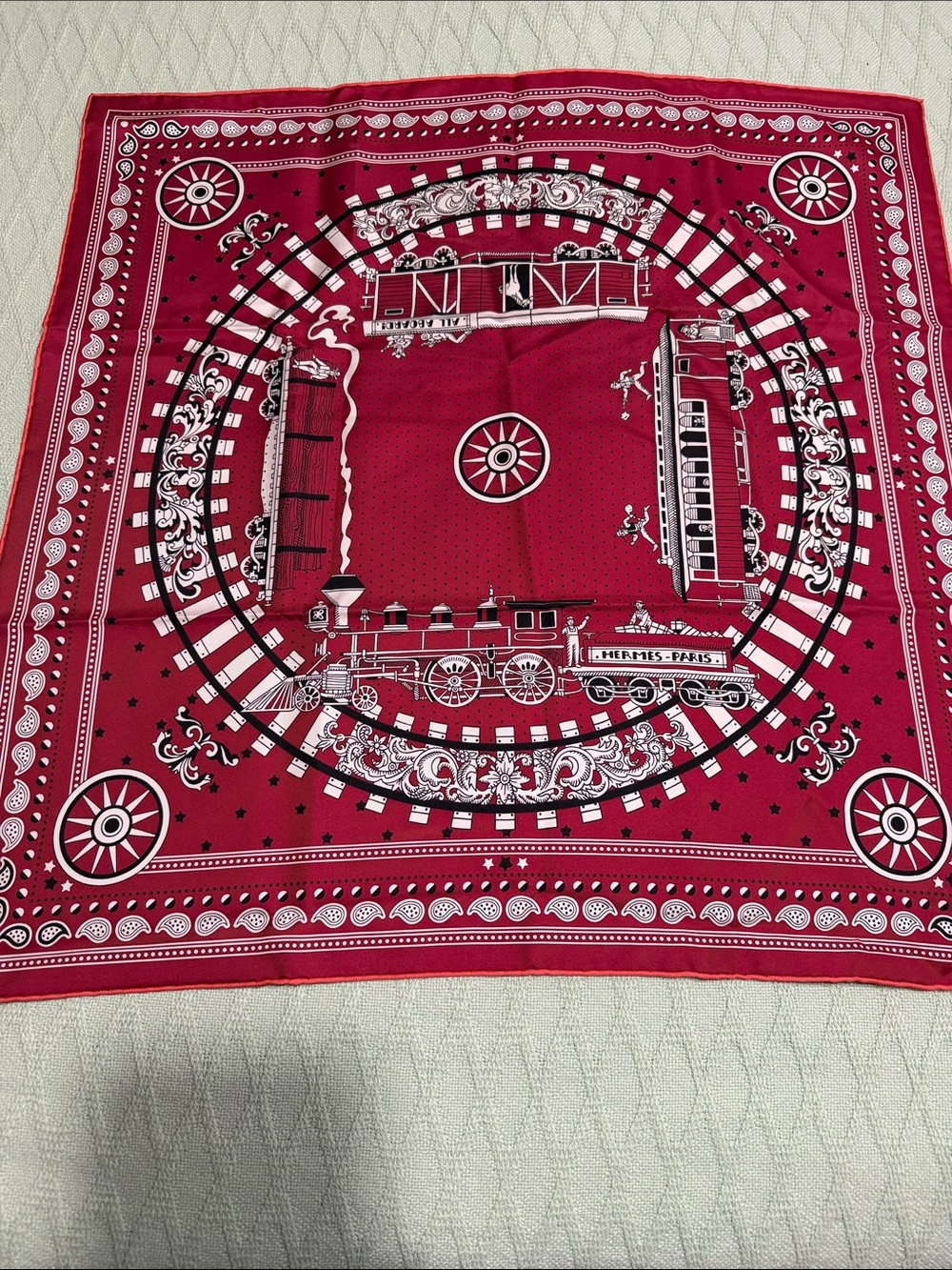 Hermes Red Train Motif Bandana silk
21 x 21 in